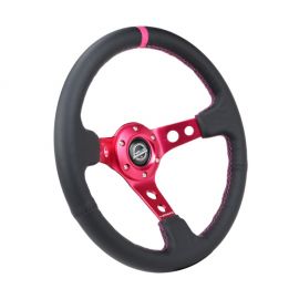 NRG Reinforced Steering Wheel (350mm/3in. Deep) Black Leather/ Fushia Center Mark/ Fushia Stitching buy in USA