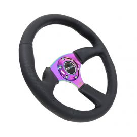 NRG Reinforced Steering Wheel (350mm / 2.5in. Deep) Leather Race Comfort Grip w/4mm Neochrome Spokes buy in USA