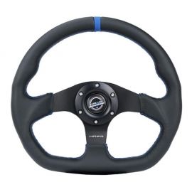 NRG Reinforced Steering Wheel (320mm) Sport Leather Flat Bottom w/ Blue Center/ Blue Stitching buy in USA