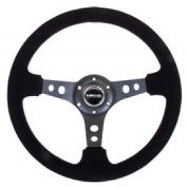 NRG Reinforced Steering Wheel (350mm / 3in. Deep) Blk Suede/Blk Stitch w/Black Circle Cutout Spokes buy in USA