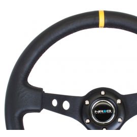 NRG Reinforced Steering Wheel (350mm / 3in. Deep) Blk Leather w/Blk Cutout Spoke/Yellow Center Mark buy in USA