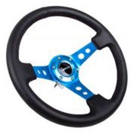 NRG Reinforced Steering Wheel (350mm / 3in. Deep) Blk Leather w/Blue Circle Cutout Spokes buy in USA