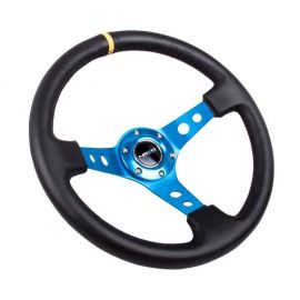 NRG Reinforced Steering Wheel (350mm / 3in. Deep) Blk Leather w/Blue Cutout Spoke & Single Yellow CM buy in USA