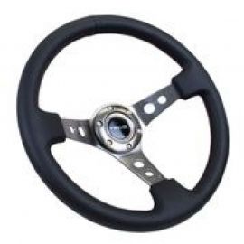 NRG Reinforced Steering Wheel (350mm / 3in. Deep) Blk Leather w/Gunmetal Circle Cutout Spokes buy in USA