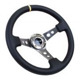 NRG Reinforced Steering Wheel (350mm / 3in. Deep) Blk Leather w/Gunmetal Cutout Spoke & Yellow CM buy in USA