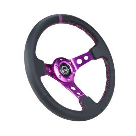 NRG Reinforced Steering Wheel (350mm / 3in. Deep) Black Leather w/Purple Center & Purple Stitching buy in USA