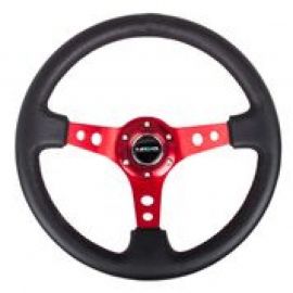 NRG Reinforced Steering Wheel (350mm / 3in. Deep) Blk Leather w/Red Circle Cutout Spokes buy in USA