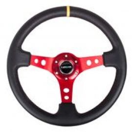 NRG Reinforced Steering Wheel (350mm / 3in. Deep) Blk Leather w/Red Spokes & Sgl Yellow Center Mark buy in USA