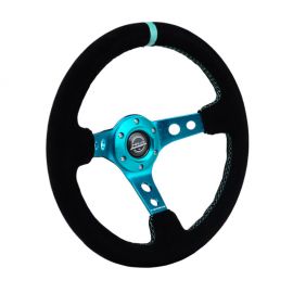 NRG Reinforced Steering Wheel (350mm/ 3in. Deep) Black Suede/ Teal Center Mark/ Teal Stitching buy in USA