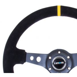 NRG Reinforced Steering Wheel (350mm / 3in. Deep) Blk Suede w/Circle Cut Spokes & Single Yellow CM buy in USA