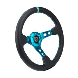 NRG Reinforce Steering Wheel (350mm / 3in. Deep) Blk Leather, Teal Center Mark w/ Teal Stitching buy in USA