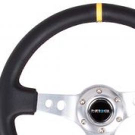 NRG Reinforced Steering Wheel (350mm / 3in. Deep) Blk Leather w/Circle Cut Spokes & Single Yellow CM buy in USA