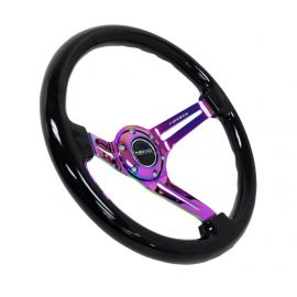 NRG Reinforced Steering Wheel (350mm / 3in. Deep) Blk Wood w/Blk Matte Spoke/Neochrome Center Mark buy in USA