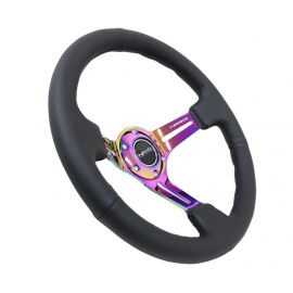 NRG Reinforced Steering Wheel (350mm / 3in. Deep) Blk Leather/Blk Stitch w/Neochrome Slits buy in USA