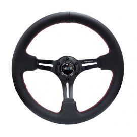 NRG Reinforced Steering Wheel (350mm / 3in. Deep) Black Leather/Red Stitch & Blk 3-Spoke w/Slits buy in USA