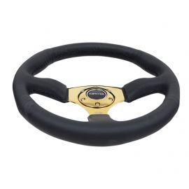 NRG Reinforced Steering Wheel (350mm / 2.5in. Deep) Leather Race Comfort Grip w/4mm Gold Spokes buy in USA