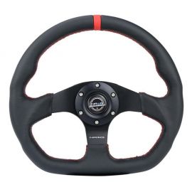 NRG Reinforced Steering Wheel (320mm) Sport Leather Flat Bottom w/ Red Center Mark/ Red Stitching buy in USA