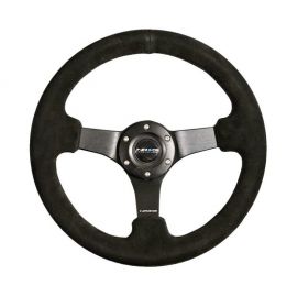 NRG Reinforced Steering Wheel (330mm / 3in Deep) Blk Suede w/Criss Cross Stitch w/Blk 3-Spoke Center buy in USA