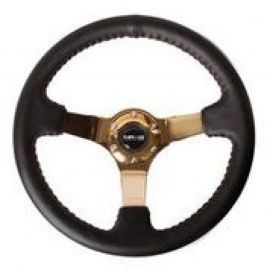 NRG Reinforced Steering Wheel (3in Deep / 4mm) 350mm Blk Leather w/Red BBall Stitch & Gold Spoke buy in USA