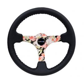 NRG Reinforced Steering Wheel (350mm / 3in. Deep) Blk Leather Floral Dipped w/ Blk Baseball Stitch buy in USA