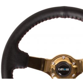 NRG Reinforced Steering Wheel (350mm / 3in. Deep) Blk Leather/Red BBall Stitch w/4mm Gold Spokes buy in USA