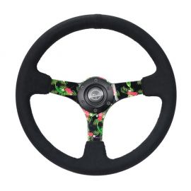 NRG Reinforced Steering Wheel (350mm / 3in. Deep) Black Suede w/ 5mm Floral 3-Spoke Center buy in USA