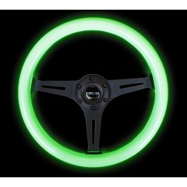 NRG Classic Wood Grain Steering Wheel (350mm) Glow-N-The-Dark Green Grip w/Black 3-Spoke Center buy in USA