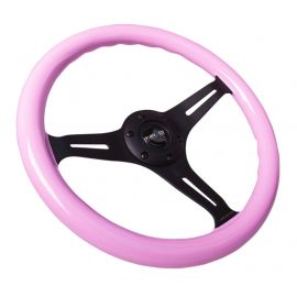 NRG Classic Wood Grain Steering Wheel (350mm) Solid Pink Painted Grip w/Black 3-Spoke Center buy in USA