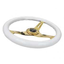 NRG Classic Wood Grain Steering Wheel (350mm) White Grip w/Chrome Gold 3-Spoke Center buy in USA