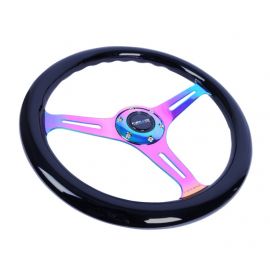 NRG Classic Wood Grain Steering Wheel (350mm) Black Paint Grip w/Neochrome 3-Spoke Center buy in USA