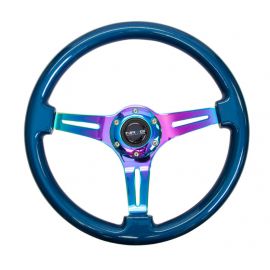 NRG Classic Wood Grain Steering Wheel (350mm) Blue Pearl/Flake Paint w/Neochrome 3-Spoke Center buy in USA