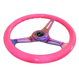 NRG Classic Wood Grain Steering Wheel (350mm) Neon Pink Painted Grip w/Neochrome 3-Spoke Center buy in USA