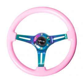 NRG Classic Wood Grain Steering Wheel (350mm) Solid Pink Painted Grip w/Neochrome 3-Spoke Center buy in USA