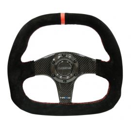 NRG Carbon Fiber Steering Wheel (320mm) Flat Btm. Blk Suede/Red Stitch w/CF Spokes & Red Center Mark buy in USA