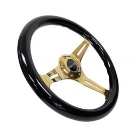 NRG Classic Wood Grain Steering Wheel (350mm) Black Grip w/Chrome Gold 3-Spoke Center