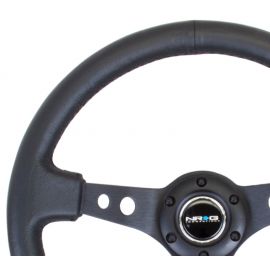 NRG Reinforced Steering Wheel (350mm / 3in. Deep) Blk Leather w/Blk Spoke & Circle Cutouts