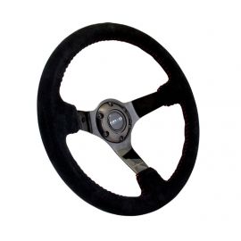 NRG Reinforced Steering Wheel (350mm / 3in. Deep) Blk Suede w/Red BBall Stitch & Black 3-Spoke