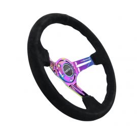 NRG Reinforced Steering Wheel (350mm / 3in. Deep) Blk Suede/Blk Stitch w/Neochrome Slits