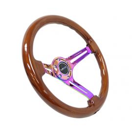 NRG Reinforced Steering Wheel (350mm / 3in. Deep) Brown Wood w/Blk Matte Spoke/Neochrome Center Mark