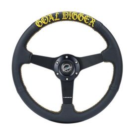 NRG Sport Steering Wheel (350mm / 1.5in Deep) Black Leather/Gold Stitch w/Matte Black Solid Spokes