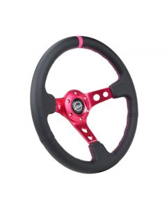 NRG Reinforced Steering Wheel (350mm/3in. Deep) Black Leather/ Fushia Center Mark/ Fushia Stitching buy in USA