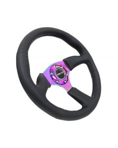 NRG Reinforced Steering Wheel (350mm / 2.5in. Deep) Leather Race Comfort Grip w/4mm Neochrome Spokes buy in USA