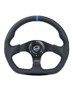 NRG Reinforced Steering Wheel (320mm) Sport Leather Flat Bottom w/ Blue Center/ Blue Stitching buy in USA