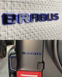 Tail Brabus badges black letters with blue trim on Mercedes trunk buy in USA