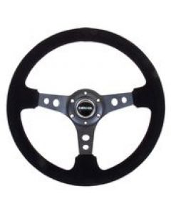 NRG Reinforced Steering Wheel (350mm / 3in. Deep) Blk Suede/Blk Stitch w/Black Circle Cutout Spokes buy in USA