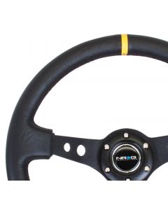 NRG Reinforced Steering Wheel (350mm / 3in. Deep) Blk Leather w/Blk Cutout Spoke/Yellow Center Mark buy in USA