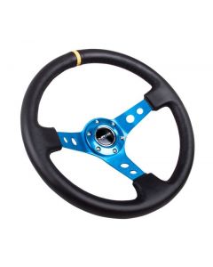 NRG Reinforced Steering Wheel (350mm / 3in. Deep) Blk Leather w/Blue Cutout Spoke & Single Yellow CM buy in USA