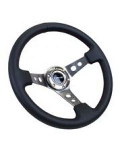 NRG Reinforced Steering Wheel (350mm / 3in. Deep) Blk Leather w/Gunmetal Circle Cutout Spokes buy in USA