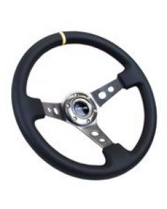 NRG Reinforced Steering Wheel (350mm / 3in. Deep) Blk Leather w/Gunmetal Cutout Spoke & Yellow CM buy in USA