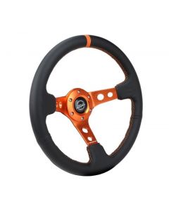 NRG Reinforce Steering Wheel (350mm / 3in. Deep) Blk Leather, Orange Center Mark w/ Orange Stitching buy in USA